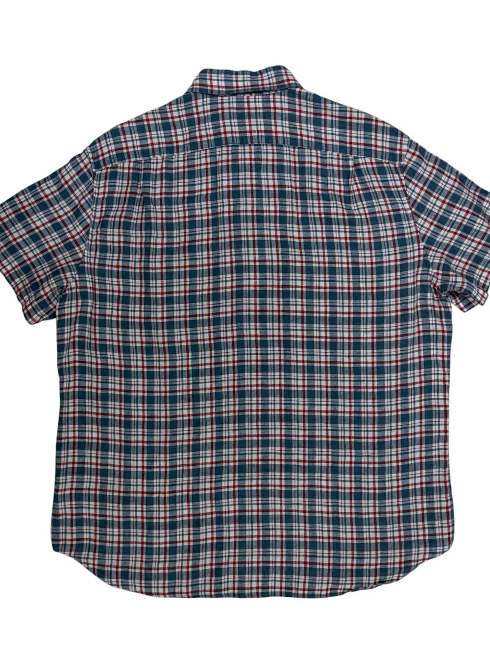 J Crew Baird McNutt Irish Linen Shirt Mens XL Blue Red Plaid Short Sleeve Button